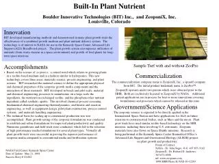 Built-In Plant Nutrient Boulder Innovative Technologies (BIT) Inc., and ZeoponiX, Inc. Louisville, Colorado