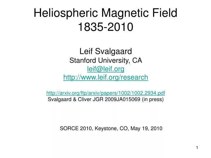 heliospheric magnetic field 1835 2010