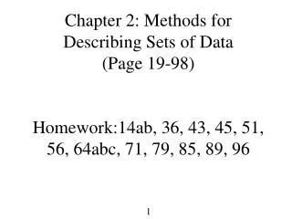 Chapter 2: Methods for Describing Sets of Data (Page 19-98) Homework:14ab, 36, 43, 45, 51, 56, 64abc, 71, 79, 85, 89, 96