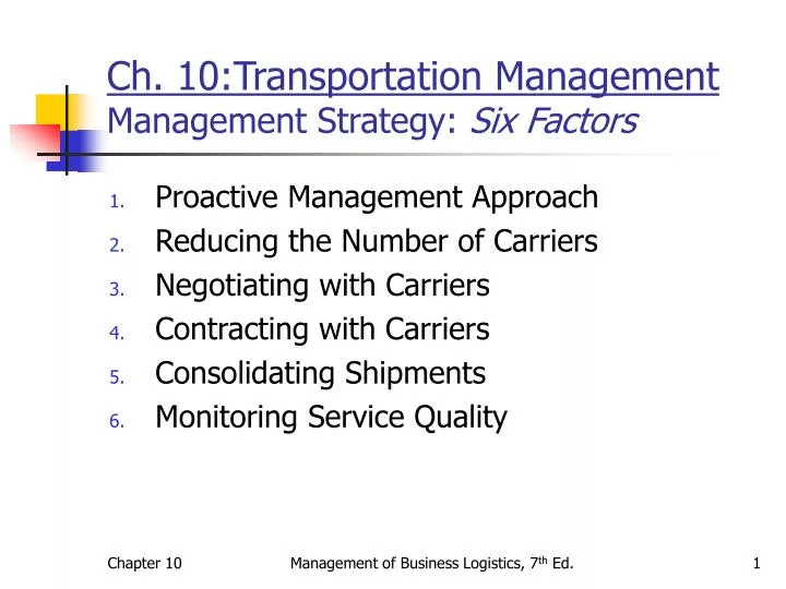ch 10 transportation management management strategy six factors