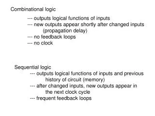 --- outputs logical functions of inputs 	--- new outputs appear shortly after changed inputs 		(propagation delay) 	---