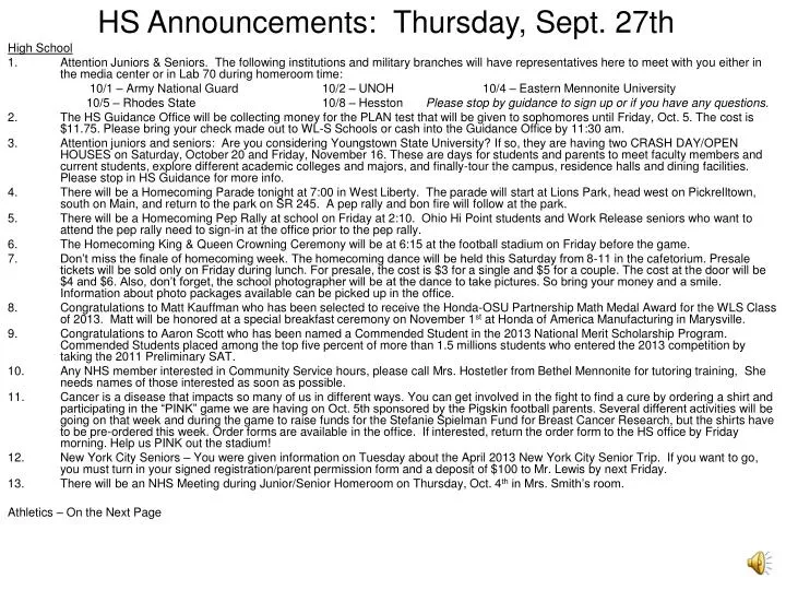 hs announcements thursday sept 27th