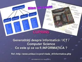 CUPRINS Generalităţi despre Informatică / ICT / Computer Science Ce este şi ce va fi INFORMATICA ? Ref.:http://www.unib