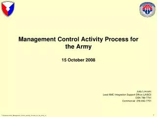 Management Control Activity Process for the Army 15 October 2008