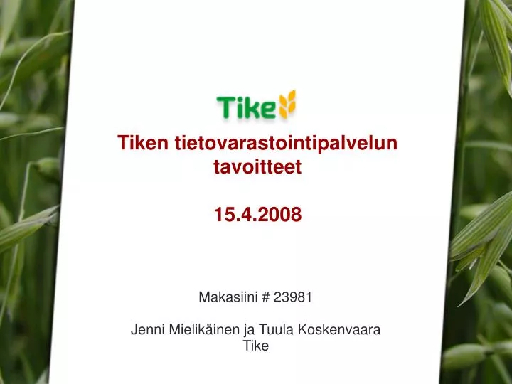 tiken tietovarastointipalvelun tavoitteet 15 4 2008