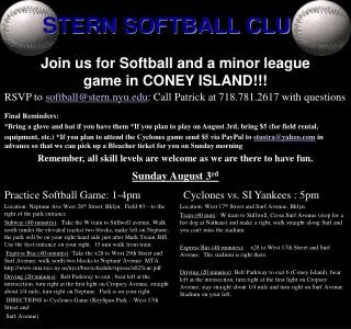 Join us for Softball and a minor league game in CONEY ISLAND!!!