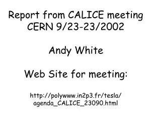 Report from CALICE meeting CERN 9/23-23/2002 Andy White Web Site for meeting: http://polywww.in2p3.fr/tesla/ agenda_CALI