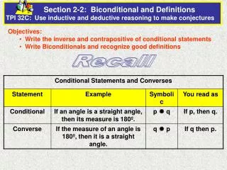Section 2-2: Biconditional and Definitions TPI 32C: Use inductive and deductive reasoning
