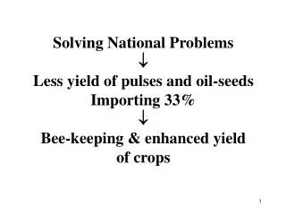 Solving National Problems  Less yield of pulses and oil-seeds Importing 33%  Bee-keeping &amp; enhanced yield of crops