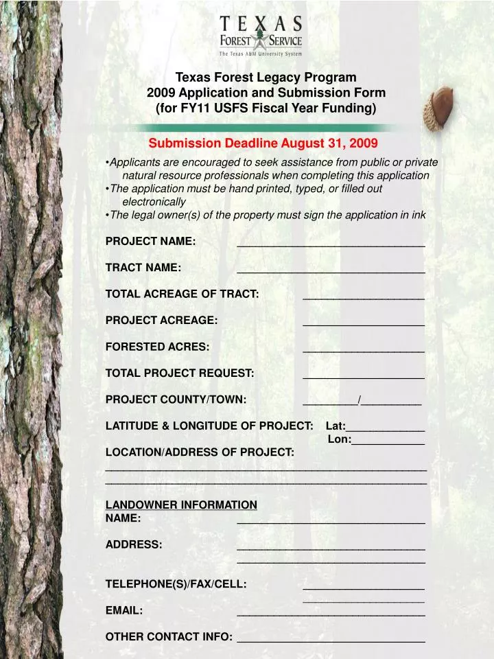 texas forest legacy program 2009 application and submission form for fy11 usfs fiscal year funding
