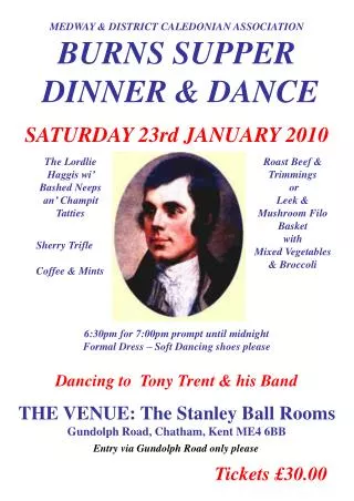 MEDWAY &amp; DISTRICT CALEDONIAN ASSOCIATION BURNS SUPPER DINNER &amp; DANCE SATURDAY 23rd JANUARY 2010