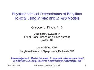 Physicochemical Determinants of Beryllium Toxicity using in vitro and in vivo Models