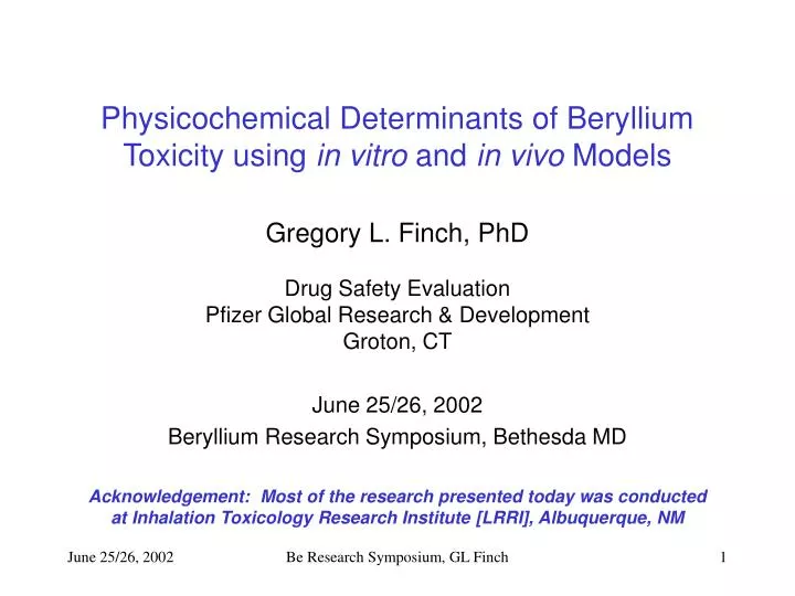 physicochemical determinants of beryllium toxicity using in vitro and in vivo models