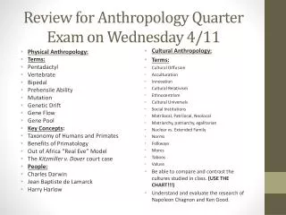 Review for Anthropology Quarter Exam on Wednesday 4/11