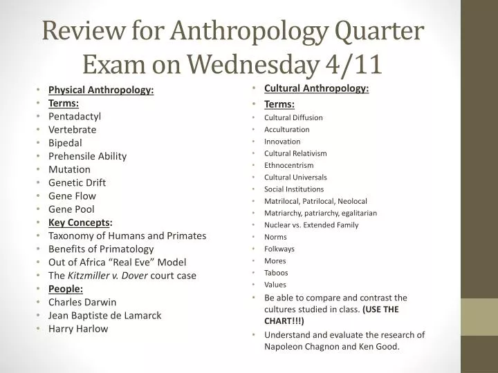 review for anthropology quarter exam on wednesday 4 11