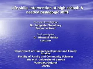 Life skills intervention at high school: A needed pedagogic shift