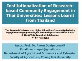 Institutionalization of Research-based Community Engagement in Thai Universities: Lessons Learnt from Thailand
