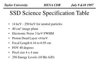 SSD Science Specification Table