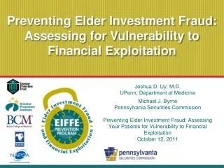 Preventing Elder Investment Fraud: Assessing for Vulnerability to Financial Exploitation