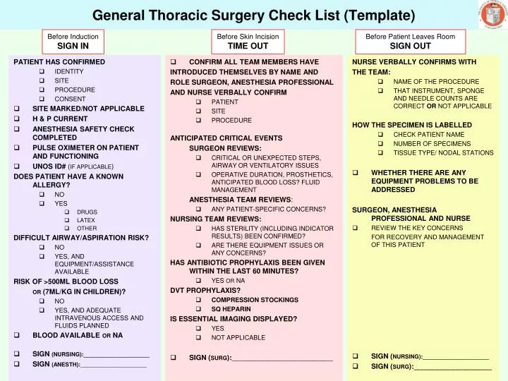 general thoracic surgery check list template