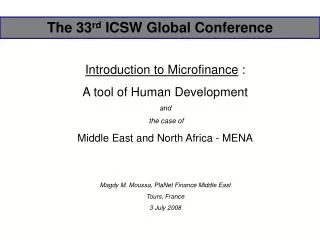 Introduction to Microfinance : A tool of Human Development and the case of Middle East and North Africa - MENA