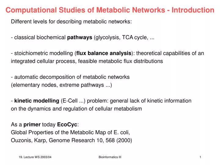 computational studies of metabolic networks introduction