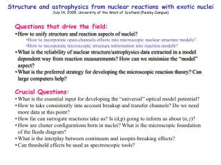 Structure and astrophysics from nuclear reactions?with exotic nuclei July 14, 2009, University of the West of Scotland (