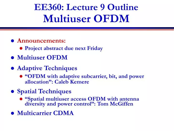 ee360 lecture 9 outline multiuser ofdm