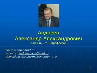 Андреев Александр Александрович д.пед.н, к.т.н, профессор сайт: a-edu.narod.ru э-почта: andreev_a_a@mail.ru блог: blo
