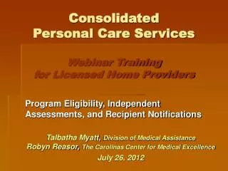 Consolidated Personal Care Services Webinar Training for Licensed Home Providers