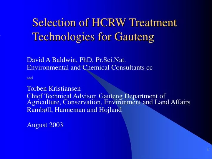 selection of hcrw treatment technologies for gauteng