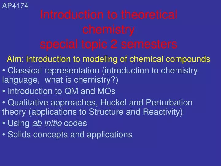 introduction to theoretical chemistry special topic 2 semesters
