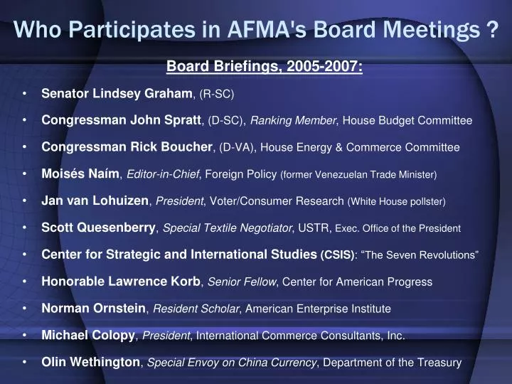 who participates in afma s board meetings