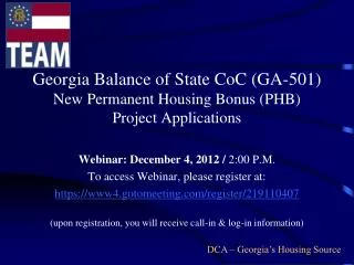 Georgia Balance of State CoC (GA-501) New Permanent Housing Bonus (PHB) Project Applications