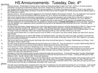 HS Announcements: Tuesday, Dec. 4 th
