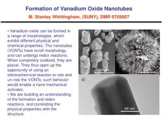 Formation of Vanadium Oxide Nanotubes M. Stanley Whittingham, (SUNY), DMR 0705657