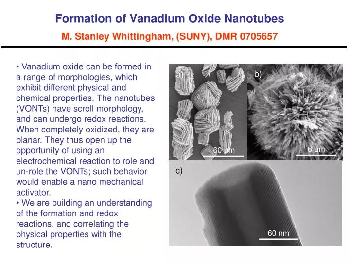 formation of vanadium oxide nanotubes m stanley whittingham suny dmr 0705657