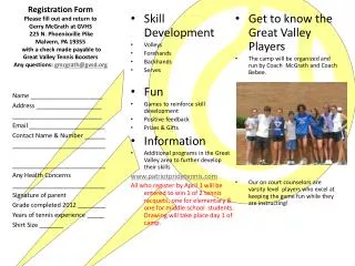 Skill Development Volleys Forehands Backhands Serves Fun Games to reinforce skill development Positive feedback Prizes &