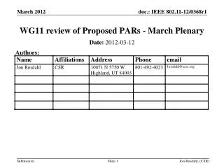 WG11 review of Proposed PARs - March Plenary