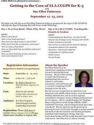 Getting to the Core of ELA CCGPS for K-5 with Sue Ellen Patterson September 12 -13, 2012