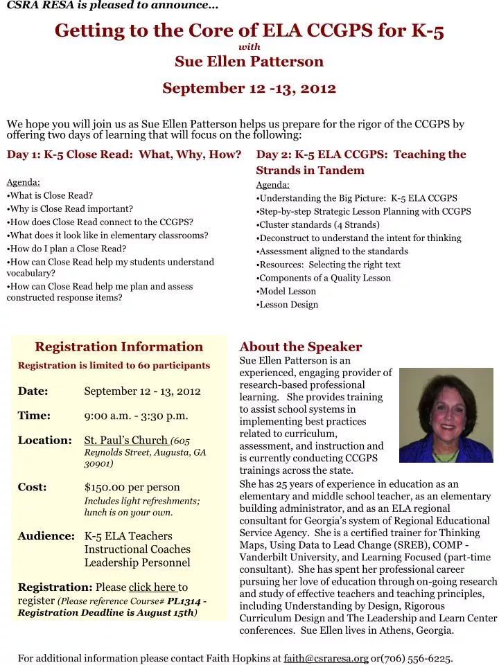 getting to the core of ela ccgps for k 5 with sue ellen patterson september 12 13 2012