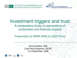 Anne Sunikka, HSE Liisa Peura-Kapanen, NCRC 5 of September, 2008