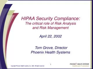 HIPAA Security Compliance: The critical role of Risk Analysis and Risk Management April 22, 2002 Tom Grove, Director Pho