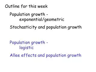 Population growth - 					exponential/geometric Stochasticity and population growth Population growth - 					logistic All