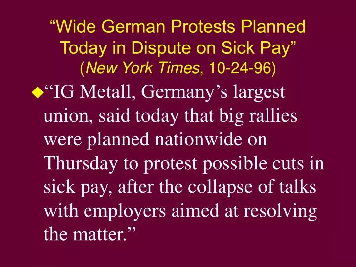 wide german protests planned today in dispute on sick pay new york times 10 24 96