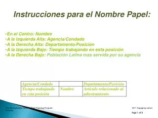 Instrucciones para el Nombre Papel : En el Centro: Nombre A la Izquierda Alta: Agencia/Condado A la Derecha Alta: