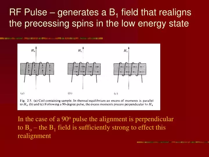 rf pulse generates a b 1 field that realigns the precessing spins in the low energy state
