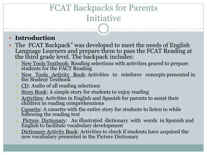 fcat backpacks for parents initiative