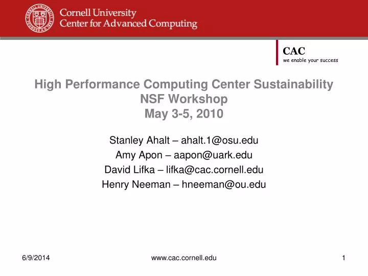 high performance computing center sustainability nsf workshop may 3 5 2010