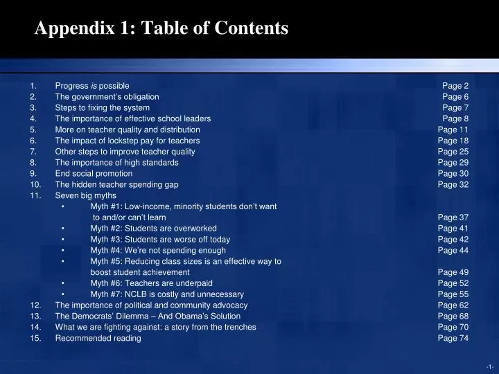appendix 1 table of contents